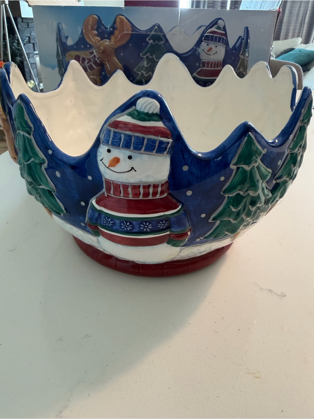 Vintage 1997 St Nicholas Square Holiday Snowman Ceramic Bowl - Blue, Red, Green